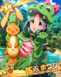  alligator animal_costume beamed_eighth_notes bunny card_(medium) character_name character_signature crocodile crocodilian green_hair idolmaster idolmaster_million_live! looking_at_viewer musical_note official_art open_mouth orange_eyes ribbon solo tears tokugawa_matsuri 