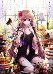  animal_ears black_dress black_legwear cake candy cat chocolate_cake cookie cupcake dessert doily doughnut dress eating flower food fork fruit fruit_tart hair_flower hair_ornament jewelry kneeling lamp long_hair macaron navel nekonabe_ao original pastry pie pocky ramekin red_eyes ring slice_of_cake solo strawberry sweets tiered_tray very_long_hair window 