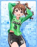  ahoge artist_request blush bracelet brown_hair clothes_writing d: gloves goalkeeper gym_shorts hands_on_own_head idolmaster idolmaster_million_live! jewelry looking_at_viewer official_art open_mouth purple_eyes scrunchie shorts side_ponytail soccer_uniform solo sportswear wavy_mouth yokoyama_nao 
