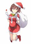  :&gt; alternate_costume bell bell_collar belt boots brown_hair capelet christmas clenched_hand collar directional_arrow dress full_body fur_trim gloves hat highres kaga_(kantai_collection) kantai_collection looking_at_viewer over_shoulder red_dress red_footwear sack santa_boots santa_costume santa_hat side_ponytail simple_background solo ukami white_background white_gloves 