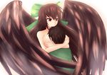  1girl between_breasts bow breast_smother breasts brown_hair clothed_male_nude_female green_bow green_shirt hair_bow head_between_breasts hug jogie_(artist) large_breasts large_wings long_hair nude red_eyes reiuji_utsuho shirt smile source_request touhou wings 