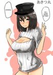  akitsu_maru_(kantai_collection) black_eyes black_hair blush breasts cleavage cleavage_cutout english hat highres kantai_collection large_breasts looking_at_viewer meme_attire norman_maggot open-chest_sweater reverse_translation ribbed_sweater short_hair solo sweater 