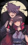  1boy 1girl animal_ears arm_up bangs black_cape black_gloves brown_hair cape collarbone couple criis-chan danganronpa dress eyebrows_visible_through_hair full_moon gloves grey_gloves halloween_costume hand_on_another&#039;s_cheek hand_on_another&#039;s_face hand_on_another&#039;s_hip harukawa_maki head_tilt holding_chain looking_at_viewer momota_kaito moon neck_ribbon new_danganronpa_v3 night purple_dress purple_hair red_eyes red_ribbon ribbon short_hair sidelocks sky smile spiked_hair star_(sky) starry_sky watermark web_address wolf_ears 