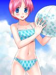  74 :o argyle argyle_bikini ball beachball bikini blue_eyes blue_sky blush cloud cowboy_shot day fire_emblem fire_emblem:_souen_no_kiseki holding holding_ball marcia navel pink_hair short_hair sky solo swimsuit 