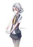  asymmetrical_hair bangs belt black_legwear blouse collared_shirt flipped_hair gloves highres kantai_collection konkito necktie nowaki_(kantai_collection) pantyhose pleated_skirt shirt short_hair silver_eyes silver_hair skirt solo swept_bangs twitter_username vest white_gloves yellow_neckwear 