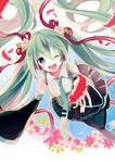  :d bad_id bad_pixiv_id detached_sleeves feathers flower green_eyes green_hair hair_flower hair_ornament hair_ribbon hatsune_miku long_hair necktie one_eye_closed open_mouth pantyhose ribbon skirt smile solo t_miyanagi twintails very_long_hair vocaloid 