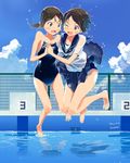 :d ;d artist_name barefoot brown_eyes brown_hair cloud cloudy_sky competition_school_swimsuit dated day diving fence holding_hands kusakabe_(kusakabeworks) multiple_girls one-piece_swimsuit one_eye_closed open_mouth original pool school_swimsuit school_uniform serafuku short_hair sky smile sparkle starting_block surprised swimsuit swimsuit_under_clothes twintails wet wet_clothes 
