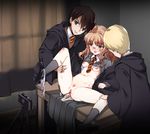  2boys alternate_eye_color bad_id bad_pixiv_id bandaid black_eyes black_hair black_legwear blonde_hair blood bow bow_panties breasts brown_eyes brown_hair camera censored draco_malfoy glasses harry_james_potter harry_potter hermione_granger hetero hogwarts_school_uniform knife kuro_(kuronell) menstrual_pad menstruation mosaic_censoring multiple_boys navel panties panties_around_one_leg pubic_hair purple_panties robe short_hair small_breasts socks spread_legs sweater tongue tongue_out torn_clothes torn_panties underwear virgin 