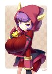  blueberry_(5959) blush breasts fake_horns gloves highres hood hoodie horned_headwear kagari_(pokemon) large_breasts pokemon pokemon_(game) pokemon_oras purple_eyes purple_hair ribbed_sweater short_hair solo sweater team_magma uniform 