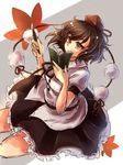  autumn_leaves brown_eyes brown_hair hat hat_ribbon highres namuko pen pom_pom_(clothes) puffy_short_sleeves puffy_sleeves ribbon shameimaru_aya shirt short_sleeves skirt solo tokin_hat touhou 