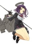  bare_legs black_dress black_gloves dress full_body gloves hita_(hitapita) kantai_collection loafers long_sleeves looking_at_viewer machinery mechanical_halo polearm purple_eyes purple_hair shoes short_hair simple_background smile solo tatsuta_(kantai_collection) weapon white_background 