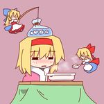  alice_margatroid blonde_hair blue_eyes bow doll dress hair_bow hairband hourai_doll ice kakinoki_mikan_(kari) kotatsu long_hair ribbon shanghai_doll short_hair sick solo table touhou 