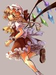  ascot blonde_hair dress flandre_scarlet grey_background hat hat_ribbon highres looking_at_viewer looking_back mob_cap namuko puffy_short_sleeves puffy_sleeves red_dress red_eyes ribbon sash shirt short_sleeves side_ponytail solo standing standing_on_one_leg touhou wings wrist_cuffs 
