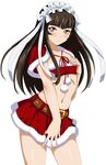  artist_request bandeau belt brown_belt brown_eyes brown_hair capelet flat_chest fur-trimmed_bandeau fur-trimmed_capelet fur-trimmed_skirt fur_trim highres hime_cut ikkitousen long_hair looking_at_viewer maid_headdress midriff miniskirt navel pom_pom_(clothes) red_bandeau red_capelet red_skirt santa_costume simple_background skirt solo ten'i_(ikkitousen) third-party_source white_background 