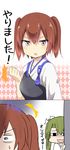  &lt;o&gt;_&lt;o&gt; 2girls 2koma :3 :o absurdres alternate_hairstyle brown_eyes brown_hair clenched_hand comic grey_hair highres japanese_clothes kaga_(kantai_collection) kantai_collection looking_at_viewer multiple_girls muneate peeking_out surprised sweat tasuki translated twintails ukami upper_body v-shaped_eyebrows zuikaku_(kantai_collection) 