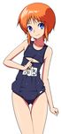  baggy_clothes bangs blue_eyes blue_swimsuit character_name cleavage_cutout clenched_hand contrapposto cowboy_shot elpeo_puru flat_chest gundam gundam_zz light_smile looking_at_viewer name_tag nontraditional_school_swimsuit one-piece_swimsuit orange_hair petite school_swimsuit school_swimsuit_flap shirono short_hair sidelocks simple_background smile solo standing swimsuit thigh_gap wet wet_clothes white_background wide_hips wrist_extended 