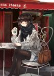  alternate_costume bag black_hair black_legwear brown_eyes casual chair coffee_cup contemporary crossed_legs cup disposable_cup handbag holding ken_(coffee_michikusa) looking_at_viewer pantyhose parted_lips scarf shameimaru_aya short_hair shorts sitting solo starbucks sweater table touhou 