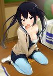  :o bad_id bad_pixiv_id black_hair blue_legwear blurry bra bra_pull breasts brown_eyes cardigan depth_of_field highres k-on! k-on!_movie legwear_under_shorts looking_at_viewer nakano_azusa nipples off_shoulder open_cardigan open_clothes open_mouth pantyhose pee peeing peeing_self round_teeth sailor_collar shoes shorts sitting small_breasts sneakers soborou solo tears teeth twintails underwear wariza wooden_floor 