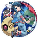  :d ass bangs blue_eyes blue_hair bow breasts chimecho claydol clenched_hand from_side full_body gen_2_pokemon gen_3_pokemon gym_leader hair_bow hair_bun kneeling looking_at_viewer looking_back lunatone natu open_mouth pants poke_ball_print pokemoa pokemon pokemon_(creature) pokemon_(game) pokemon_rse ran_(pokemon) shirt shoes short_hair sidelocks small_breasts smile turtleneck wrist_extended 