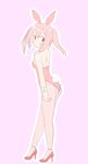  a-ktoo bare_shoulders blush bunny_tail bunnysuit high_heels looking_back original pantyhose pink_hair pumps simple_background solo tail 