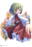  absurdres alternate_eye_color back blue_eyes flower green_hair highres kazami_yuuka long_sleeves looking_at_viewer looking_back open_mouth plaid plaid_skirt plaid_vest pop scan shirt short_hair simple_background skirt skirt_set smile solo touhou vest white_background 