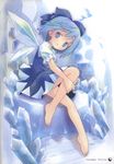 absurdres barefoot blue_dress blue_eyes blue_hair cirno dress fairy full_body hair_ornament hair_ribbon highres ice ice_wings looking_at_viewer parted_lips pop puffy_sleeves ribbon scan short_hair short_sleeves sitting solo touhou wings 