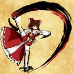  7_sai_(lovebit) bloomers bow brown_eyes brown_hair cape cookie_(touhou) detached_sleeves genocide_cutter geta hair_bow hair_ribbon hakurei_reimu highres kanna_(cookie) kicking long_hair ribbon ribbon_trim solo the_king_of_fighters touhou underwear 