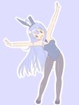  a-ktoo blue_eyes blue_hair blush bunnysuit long_hair looking_at_viewer open_mouth original outstretched_arms pantyhose simple_background smile solo very_long_hair 