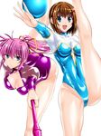  :d alternate_costume ball blue_eyes breasts brown_hair cleavage gymnastics highleg highres juggling_club leg_up looking_at_viewer lyrical_nanoha mahou_shoujo_lyrical_nanoha mahou_shoujo_lyrical_nanoha_strikers medium_breasts multiple_girls open_mouth outstretched_arm pink_hair ponytail sen_(sansui) shiny shiny_clothes shiny_skin signum simple_background smile split standing standing_on_one_leg standing_split white_background yagami_hayate 