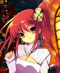  breasts christmas christmas_tree cleavage cleavage_cutout highres itou_noiji jewelry long_hair looking_at_viewer meme_attire merry_christmas open-chest_sweater red_eyes red_hair shakugan_no_shana shana small_breasts smile solo sweater third-party_edit turtleneck 