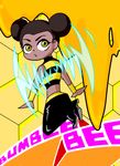  1girl bee_costume black_pants black_shoes boots brown_eyes bumble_bee character_name chibi dark_skin dc_comics double_bun flying insect_wings karen_beecher midriff pants shirt shoes sleeveless solo striped striped_shirt teen_titans vambraces wings 