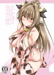  amagi_brilliant_park animal_costume antenna_hair bare_shoulders bell blush breasts brown_hair cover cover_page cow_bell cow_costume doujin_cover fukuyama_naoto hair_intakes highres large_breasts long_hair looking_at_viewer navel ponytail seiza sento_isuzu sitting solo thighhighs v_arms yellow_eyes 