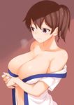  bad_id bad_twitter_id bare_shoulders blush breast_hold breasts brown_eyes brown_hair cleavage highres kaga_(kantai_collection) kanna_kanaki kantai_collection large_breasts open_clothes short_hair side_ponytail simple_background solo 