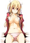  alisa_reinford areolae bad_id bad_pixiv_id blonde_hair blush breasts collarbone eiyuu_densetsu hair_ornament large_breasts long_hair looking_at_viewer navel no_bra open_clothes panties red_eyes sen_no_kiseki shikei sitting solo stomach striped striped_panties two_side_up underwear 