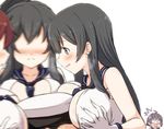  1boy 4girls :d admiral_(kantai_collection) agano_(kantai_collection) ahoge bad_id bad_pixiv_id black_hair blurry blush breast_envy breast_rest breasts breasts_on_head brown_hair cleavage depth_of_field engiyoshi gloves kantai_collection large_breasts long_hair multiple_girls noshiro_(kantai_collection) open_mouth sakawa_(kantai_collection) school_uniform serafuku short_hair smile surprised yahagi_(kantai_collection) 
