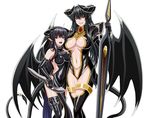  black_eyes black_hair black_legwear breasts center_opening demon_girl demon_horns demon_tail demon_wings earrings elbow_gloves gloves horns huge_weapon isse jewelry large_breasts looking_at_viewer multiple_girls navel open_mouth original pointy_ears reverse_grip shiny shiny_skin simple_background smile tail thighhighs tsurime weapon white_background wings 
