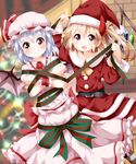  3: :d alternate_costume bat_wings blonde_hair blush bound christmas dress flandre_scarlet gift_wrapping hat highres looking_at_viewer mob_cap multiple_girls open_mouth purple_hair red_eyes remilia_scarlet ruu_(tksymkw) santa_costume short_hair siblings side_ponytail sisters smile tied_up touhou wings wrapped_up 