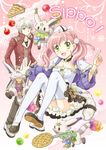  1girl apple atelier_(series) atelier_escha_&amp;_logy bracelet chima_(angelique) choker creature escha_malier food fruit full_body green_eyes hat jacket jewelry logix_ficsario pants pie pink_hair shoes short_hair short_twintails smile tail thighhighs twintails white_hair white_legwear yellow_eyes 