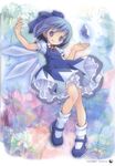  :q absurdres blue_dress blue_eyes blue_hair bow cirno dress fairy full_body hair_ornament hair_ribbon highres ice ice_wings looking_at_viewer mary_janes pop puffy_sleeves ribbon scan shoes short_sleeves smile socks solo tongue tongue_out touhou white_legwear wings 