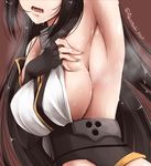  1girl akatsuki_(ownpace) akatsuki_matsumoto arm_up armpits arms_up bare_shoulders black_hair breasts fingerless_gloves gloves head_out_of_frame kantai_collection large_breasts long_hair nagato_(kantai_collection) open_mouth saliva showing_armpits sideboob solo sweat sweatdrop twitter_username 