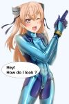  1girl ;d absurdres alternate_costume bodysuit breasts brown_eyes commentary_request cosplay cowboy_shot finger_gun highres johnston_(kantai_collection) kantai_collection latex light_brown_hair long_hair looking_at_viewer medium_breasts metroid nintendo one_eye_closed open_mouth parazan_d samus_aran samus_aran_(cosplay) simple_background skin_tight smile solo standing twintails white_background zero_suit 