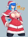  1girl blue_eyes blue_hair blush breasts bursting_breasts christmas cleavage cowboy_shot cropped_legs hat highres large_breasts long_hair original popped_button santa_costume santa_hat solo space_jin wardrobe_malfunction zoe_(space_jin) 