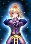  ahoge armor armored_dress artoria_pendragon_(all) blonde_hair dress excalibur fate/stay_night fate_(series) gauntlets green_eyes hands_on_hilt ryuinu saber solo sword weapon 