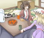  bad_id bad_pixiv_id blonde_hair brown_eyes brown_hair eating food fruit highres kotatsu long_skirt mandarin_orange maribel_hearn multiple_girls shuga_(soranote) skirt smile table touhou usami_renko 