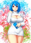  2014 artist_name bangs blue_hair blush breasts cellphone cleavage_cutout dress erkaz hairband heart heart_background highres large_breasts long_sleeves looking_at_viewer meme_attire open-chest_sweater original phone red_eyes ribbed_sweater rina_atherina shiny shiny_hair short_hair smartphone solo standing sweater sweater_dress timestamp watermark 