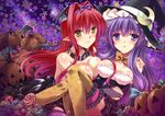  blush breasts cleavage collar crescent crescent_hair_ornament demon_tail hair_ornament halloween hat head_wings jack-o'-lantern koakuma large_breasts multiple_girls patchouli_knowledge pointy_ears purple_eyes purple_hair red_hair tail thighhighs touhou witch_hat yamu_(reverse_noise) yellow_eyes 