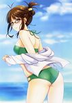  absurdres akizuki_ritsuko ass bikini blush breasts brown_eyes brown_hair cowboy_shot folded_ponytail glasses green_bikini hair_bun highres idolmaster idolmaster_(classic) jacket jacket_over_swimsuit k.y_ko looking_at_viewer medium_breasts scan solo swimsuit 