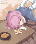  1girl admiral_(kantai_collection) bangs covering_with_blanket dated drooling eyebrows_visible_through_hair food fruit gloves hair_ornament head_rest kantai_collection kotatsu mandarin_orange military military_uniform mku naval_uniform pink_hair ponytail school_uniform shiranui_(kantai_collection) short_hair short_ponytail sleeping table twitter_username uniform white_gloves 