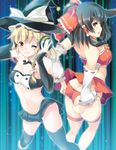  adapted_costume album_cover ass bandeau bare_shoulders black_hair black_legwear blonde_hair blush bow braid brown_eyes butt_crack cover detached_sleeves grin hair_bow hair_tubes hakurei_reimu hat headphones kirisame_marisa maki_(seventh_heaven_maxion) midriff multiple_girls navel one_eye_closed sidelocks single_braid skirt smile strapless thigh_strap thighhighs touhou witch_hat yellow_eyes 