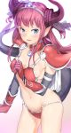  1girl absurdres armor bikini bikini_armor blue_eyes blue_ribbon blush breasts cape choker cleavage curled_horns elizabeth_bathory_(brave)_(fate) elizabeth_bathory_(fate) elizabeth_bathory_(fate)_(all) fate/grand_order fate_(series) gloves hair_ribbon halloween highres long_hair looking_at_viewer navel open_mouth oversized_clothes pauldrons pink_hair pointy_ears red_armor red_bikini red_gloves ribbon sidelocks small_breasts soldier_(dq3) solo somray sweat swimsuit tail tiara two_side_up vambraces 